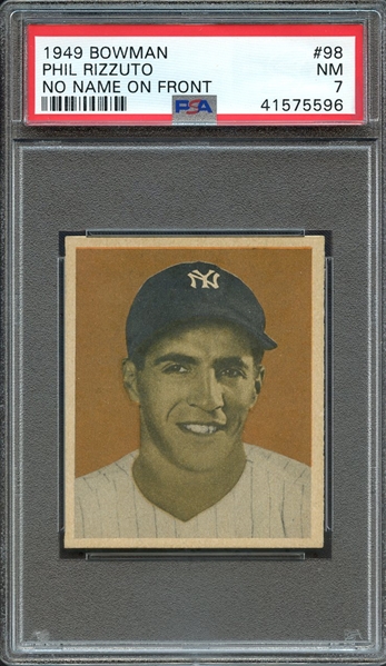 1949 BOWMAN 98 PHIL RIZZUTO NO NAME ON FRONT PSA NM 7