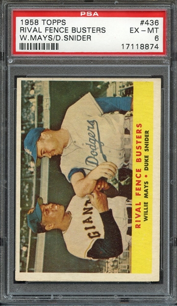 1958 TOPPS 436 RIVAL FENCE BUSTERS W.MAYS/D.SNIDER PSA EX-MT 6