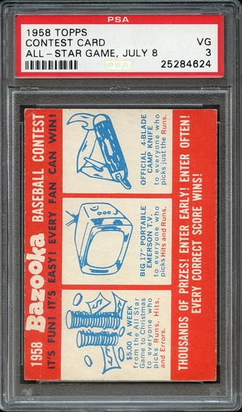 1958 TOPPS CONTEST CARD ALL-STAR GAME, JULY 8 PSA VG 3