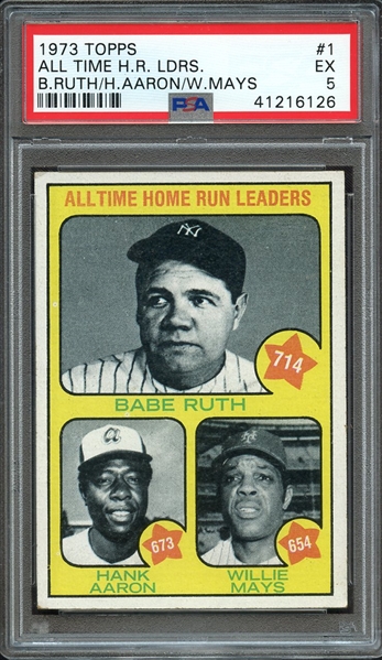 1973 TOPPS 1 ALL TIME H.R. LDRS. B.RUTH/H.AARON/W.MAYS PSA EX 5