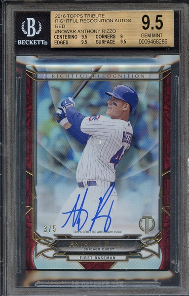 2016 TOPPS TRIBUTE RIGHTFUL RECOGNITION AUTOS RED ANTHONY RIZZO 3/5 BGS GEM MINT 9.5