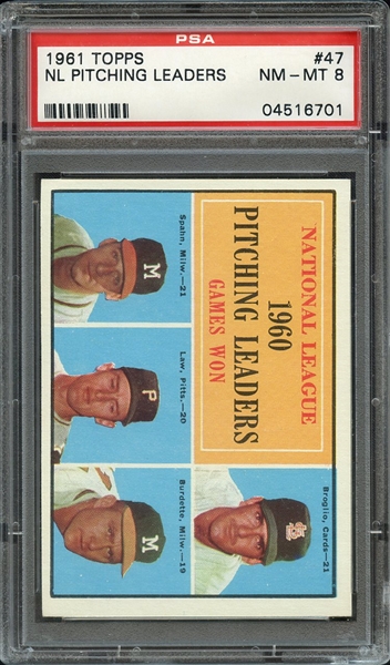 1961 TOPPS 47 NL PITCHING LEADERS NO VERTICAL BLACK BAR PSA NM-MT 8