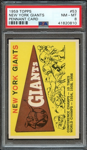 1959 TOPPS 53 NEW YORK GIANTS PENNANT CARD PSA NM-MT 8