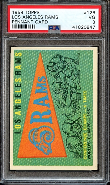 1959 TOPPS 126 LOS ANGELES RAMS PENNANT CARD PSA VG 3