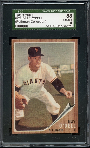 1962 TOPPS 429 BILLY O'DELL SGC NM/MT 88 / 8