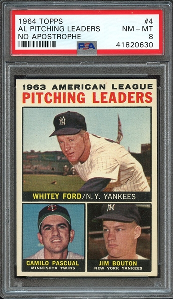 1964 TOPPS 4 AL PITCHING LEADERS NO APOSTROPHE PSA NM-MT 8
