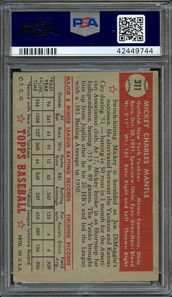 1952 TOPPS 311 MICKEY MANTLE PSA VG 3