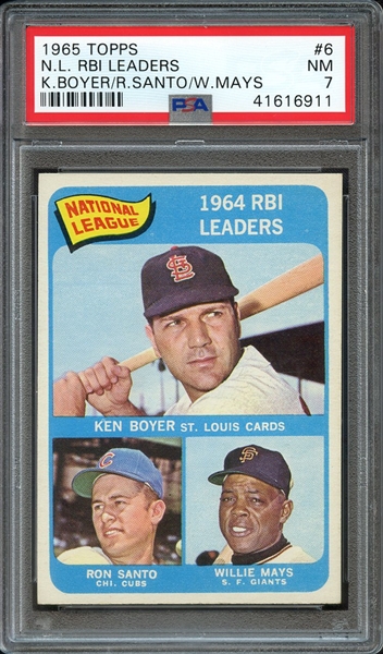 1965 TOPPS 6 N.L. RBI LEADERS K.BOYER/R.SANTO/W.MAYS PSA NM 7
