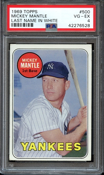 1969 TOPPS 500 MICKEY MANTLE LAST NAME IN WHITE PSA VG-EX 4
