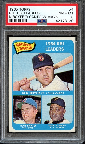 1965 TOPPS 6 N.L. RBI LEADERS K.BOYER/R.SANTO/W.MAYS PSA NM-MT 8