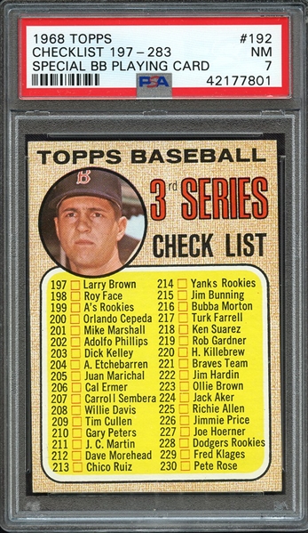 1968 TOPPS 192 CHECKLIST 197-283 SPECIAL BB PLAYING CARD PSA NM 7
