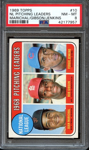 1969 TOPPS 10 NL PITCHING LEADERS MARICHAL/GIBSON/JENKINS PSA NM-MT 8