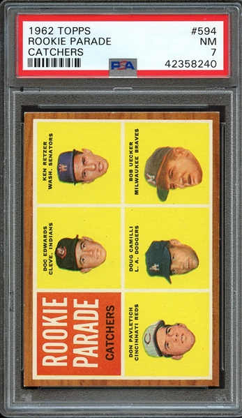 1962 TOPPS 594 ROOKIE PARADE CATCHERS PSA NM 7