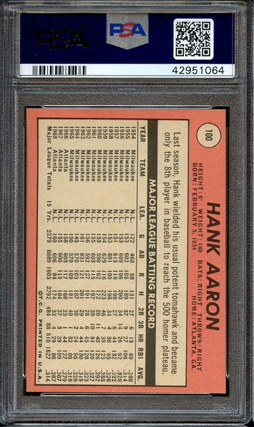 1969 TOPPS 100 HANK AARON PSA NM-MT+ 8.5