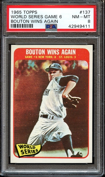 1965 TOPPS 137 WORLD SERIES GAME 6 BOUTON WINS AGAIN PSA NM-MT 8