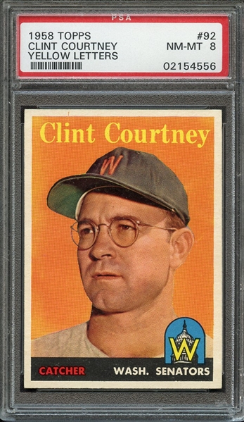1958 TOPPS 92 CLINT COURTNEY YELLOW NAME PSA NM-MT 8