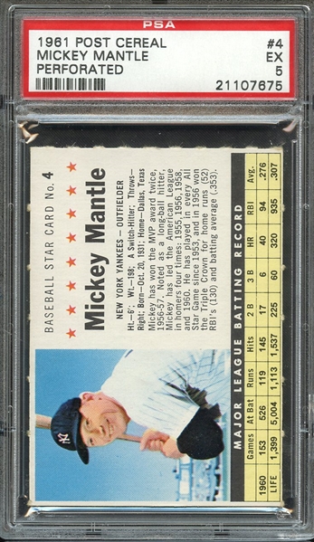 1961 POST CEREAL 4 MICKEY MANTLE PERFORATED PSA EX 5