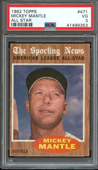 1962 TOPPS 471 MICKEY MANTLE ALL STAR PSA VG 3