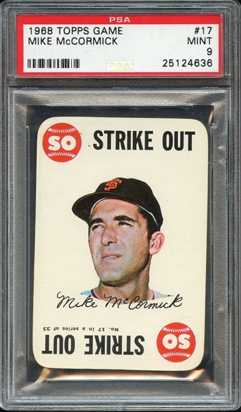 1968 TOPPS GAME 17 MIKE McCORMICK PSA MINT 9