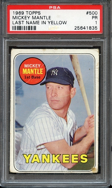 1969 TOPPS 500 MICKEY MANTLE LAST NAME IN YELLOW PSA PR 1