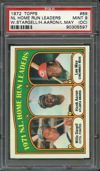 1972 TOPPS 89 NL HOME RUN LEADERS W.STARGELL/H.AARON/L.MAY PSA MINT 9 (OC)