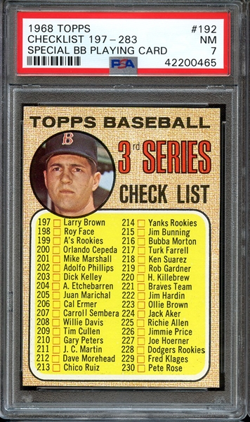 1968 TOPPS 192 CHECKLIST 197-283 SPECIAL BB PLAYING CARD PSA NM 7
