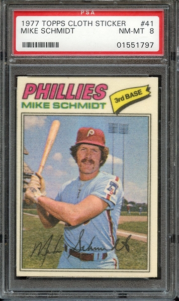 1977 TOPPS CLOTH STICKERS 41 MIKE SCHMIDT CLOTH STICKERS PSA NM-MT 8