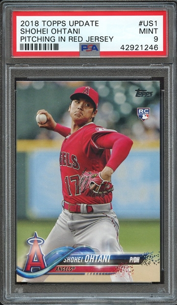 2018 TOPPS UPDATE US1 SHOHEI OHTANI PITCHING IN RED JERSEY PSA MINT 9