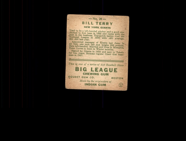 1933 Goudey 20 Bill Terry THROW RC VG #D937905