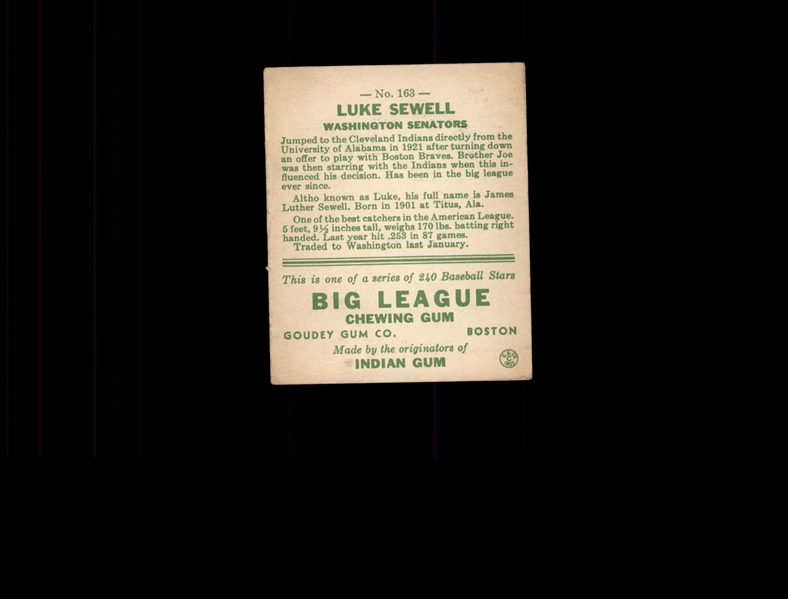 1933 Goudey 163 Luke Sewell POR RC VG #D937999