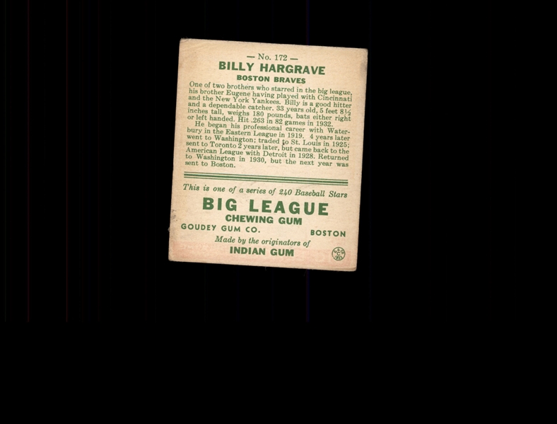 1933 Goudey 172 Billy Hargrave RC VG #D938013