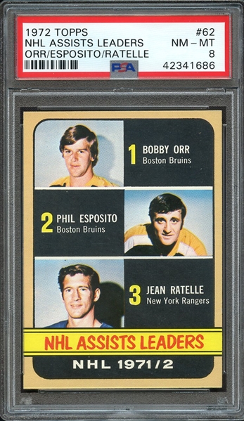 1972 TOPPS 62 NHL ASSISTS LEADERS ORR/ESPOSITO/RATELLE PSA NM-MT 8