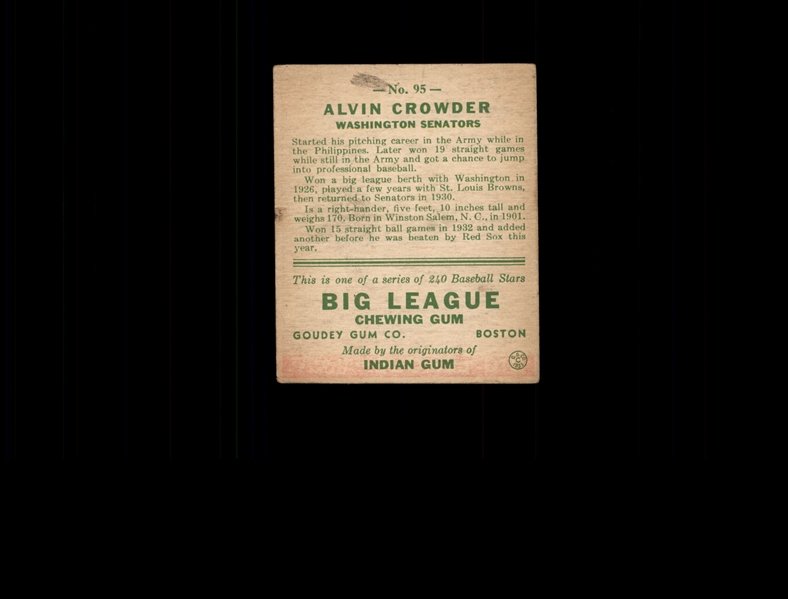 1933 Goudey 95 Alvin Crowder RC VG-EX #D939751