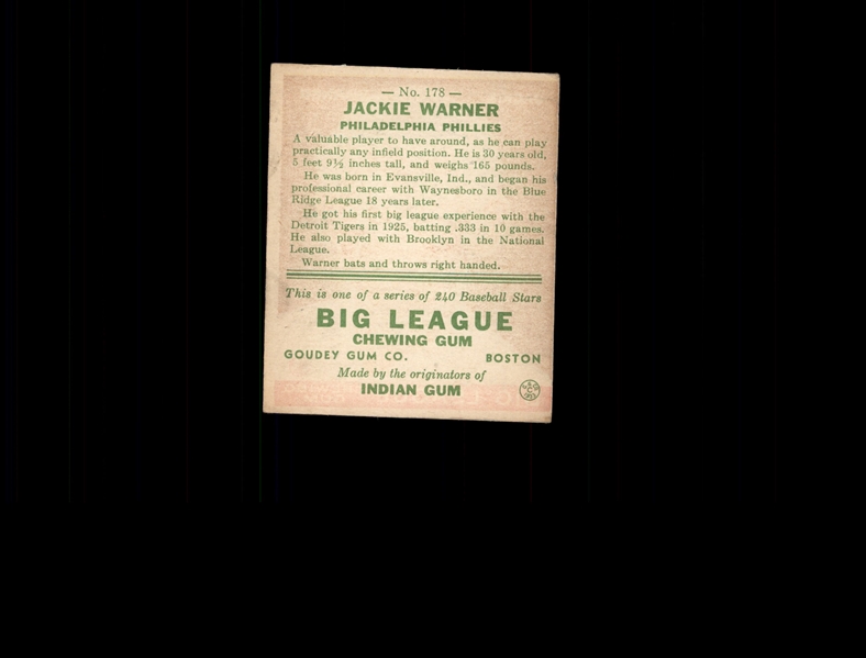 1933 Goudey 178 Jackie Warner RC VG-EX #D939795