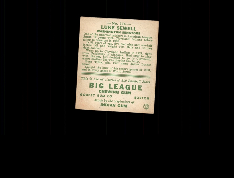 1933 Goudey 114 Luke Sewell FIELD RC EX #D941545