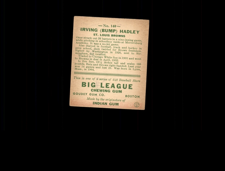 1933 Goudey 140 Bump Hadley RC EX #D941555