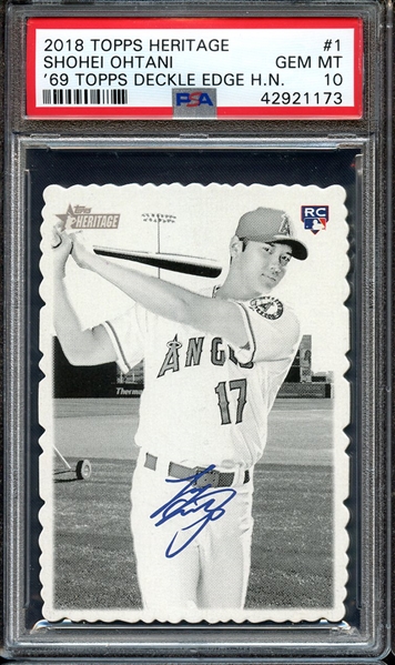 2018 TOPPS HERITAGE 1969 TOPPS DECKLE EDGE HIGH NUMBERS 1 SHOHEI OHTANI PSA GEM MT 10