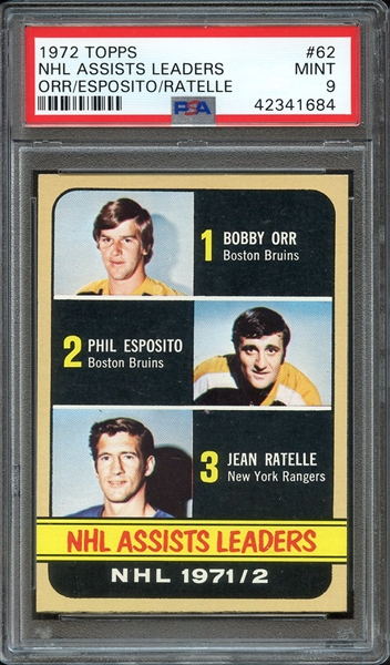 1972 TOPPS 62 NHL ASSISTS LEADERS ORR/ESPOSITO/RATELLE PSA MINT 9