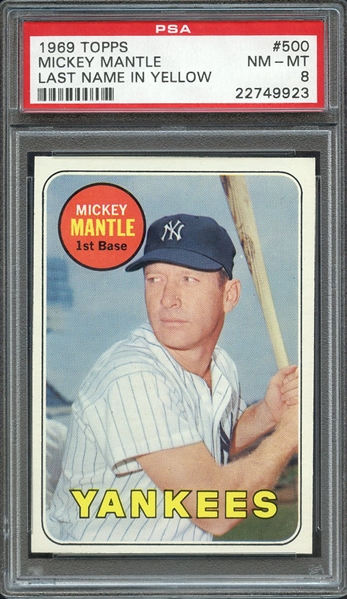 1969 TOPPS 500 MICKEY MANTLE LAST NAME IN YELLOW PSA NM-MT 8