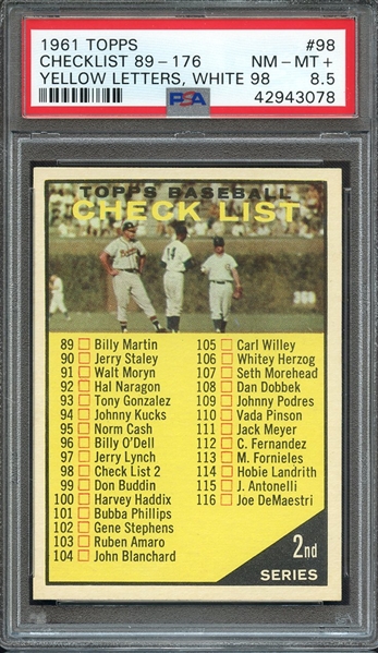 1961 TOPPS 98 CHECKLIST 89-176 YELLOW LETTERS, WHITE 98 PSA NM-MT+ 8.5