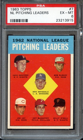 1963 TOPPS 7 NL PITCHING LEADERS PSA EX-MT 6