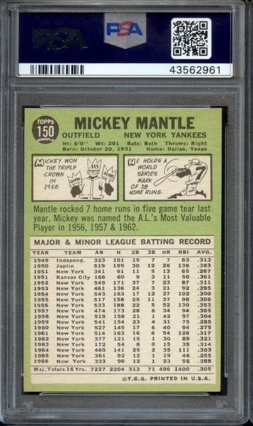 1967 TOPPS 150 MICKEY MANTLE PSA NM-MT 8