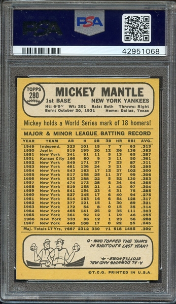 1968 TOPPS 280 MICKEY MANTLE PSA NM-MT+ 8.5