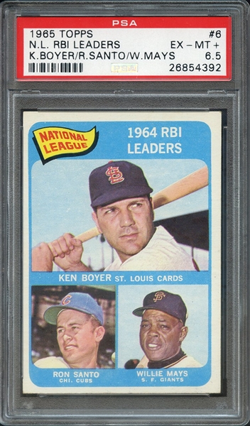 1965 TOPPS 6 N.L. RBI LEADERS K.BOYER/R.SANTO/W.MAYS PSA EX-MT+ 6.5
