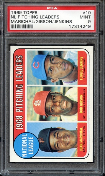 1969 TOPPS 10 NL PITCHING LEADERS MARICHAL/GIBSON/JENKINS PSA MINT 9