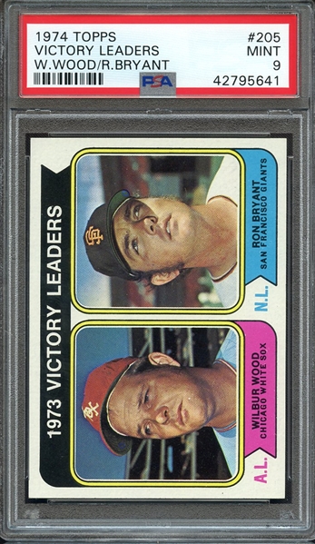 1974 TOPPS 205 VICTORY LEADERS W.WOOD/R.BRYANT PSA MINT 9