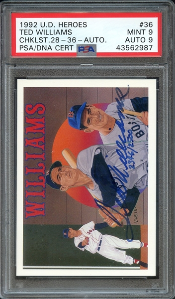 1992 UPPER DECK HEROES TED WILLIAMS AUTOGRAPH PSA MINT 9 AUTO 9