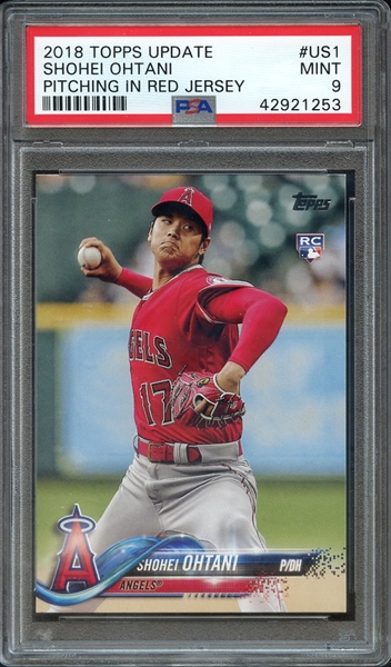 2018 TOPPS UPDATE US1 SHOHEI OHTANI PITCHING IN RED JERSEY PSA MINT 9