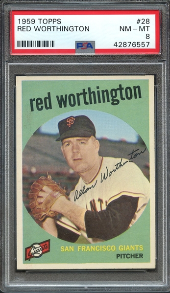 1959 TOPPS 28 RED WORTHINGTON PSA NM-MT 8