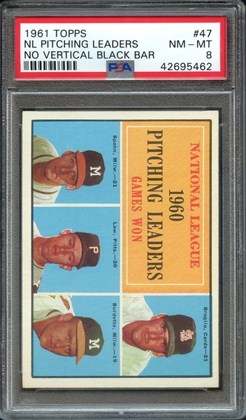 1961 TOPPS 47 NL PITCHING LEADERS NO VERTICAL BLACK BAR PSA NM-MT 8